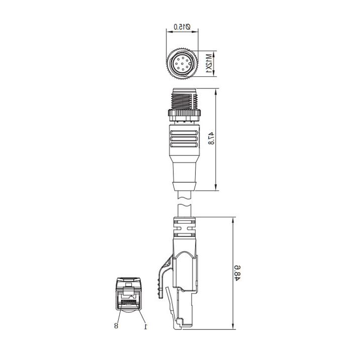 M12 8Pin straight male/RJ45 male、Dual end pre cast TPE flexible cable、With shielding、Blue sheath、Ethernet Cat.5e、0C4461-XXX 